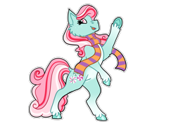 Size: 3508x2480 | Tagged: safe, artist:timelapse11, minty, earth pony, pony, g3, g4, bipedal, clothes, colored hooves, female, g3 to g4, generation leap, hooves, mare, open mouth, open smile, ponytober 2024, scarf, simple background, smiling, solo, striped scarf, transparent background, waving