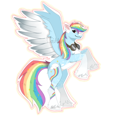 Size: 1280x1280 | Tagged: safe, artist:caitlynsarts, rainbow dash, pegasus, pony, g4, cloud pattern, extended cutie mark, female, goggles, mare, rearing, redesign, signature, simple background, smiling, solo, spread wings, unshorn fetlocks, white background, wings