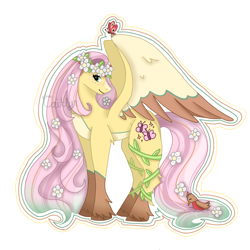 Size: 1280x1280 | Tagged: safe, artist:caitlynsarts, fluttershy, bird, butterfly, pegasus, pony, g4, colored hooves, colored wings, colored wingtips, female, floral head wreath, flower, flower in hair, flower in tail, hooves, long mane, long tail, mare, redesign, signature, simple background, smiling, solo, tail, white background, wings