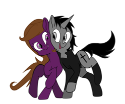 Size: 2415x2000 | Tagged: safe, artist:ruchiyoto, oc, oc only, oc:black cross, oc:jade thunderhoof, pegasus, pony, unicorn, boots, clothes, duo, duo male and female, female, horn, male, mare, shoes, simple background, stallion, white background