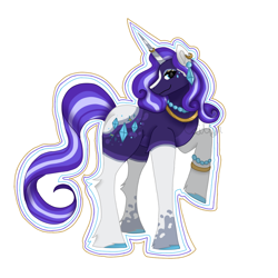 Size: 1280x1280 | Tagged: safe, artist:caitlynsarts, rarity, pony, unicorn, g4, bracelet, colored hooves, ear piercing, earring, female, hooves, horn, horn ring, jewelry, mare, necklace, piercing, profile, raised hoof, redesign, ring, signature, simple background, smiling, solo, striped mane, striped tail, tail, unshorn fetlocks, white background