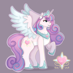 Size: 1280x1280 | Tagged: safe, artist:caitlynsarts, princess flurry heart, alicorn, pony, g4, crown, female, hoof shoes, jewelry, mare, older, older flurry heart, peytral, profile, raised hoof, regalia, signature, simple background, smiling, solo, spread wings, wings