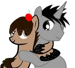 Size: 512x462 | Tagged: safe, artist:ruchiyoto, oc, oc only, oc:black cross, pegasus, pony, unicorn, base used, cherry, chocolate, collaboration, female, food, horn, hug, looking at each other, looking at someone, male, mare, simple background, smiling, smiling at each other, stallion, white background