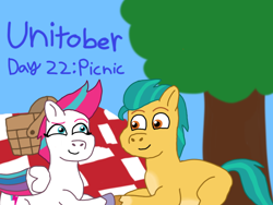 Size: 1080x810 | Tagged: safe, artist:shucku, hitch trailblazer, zipp storm, earth pony, pegasus, pony, g5, basket, duo, duo male and female, female, holding hooves, lying down, male, mare, outdoors, picnic, picnic basket, picnic blanket, ponyloaf, prone, ship:stormblazer, shipping, simple background, stallion, straight, unitober 2024