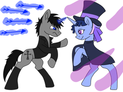 Size: 1032x774 | Tagged: safe, artist:ruchiyoto, oc, oc only, oc:black cross, oc:flawless sparklemoon, pony, unicorn, my little pony the movie: the death of twilight sparkle, arrow, boots, cloak, clothes, duo, duo male and female, female, fusion, fusion:trixie, fusion:twilight sparkle, fusion:twixie, horn, magic, male, mare, shoes, simple background, stallion, transparent background