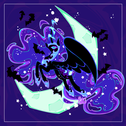 Size: 2500x2500 | Tagged: safe, artist:nauuu, nightmare moon, alicorn, bat, pony, g4, concave belly, crescent moon, female, high res, large wings, mare, moon, slender, solo, thin, wings