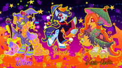 Size: 2048x1141 | Tagged: safe, artist:eyerealm, artist:junglicious64, oc, oc only, oc:jiangshi, oc:kasa-obake, oc:witch, earth pony, ghost, ghost pony, jiangshi, original species, pony, spider, undead, unicorn, vampire, vampony, youkai, abstract background, accessory, adoptable, adoptable open, beads, beauty mark, big eyes, bloodshot eyes, blue coat, blushing, bow, braid, braided ponytail, broom, candy, cape, clothes, coat markings, collaboration, colored eyelashes, colored fetlocks, colored hooves, colored lineart, colored pupils, colorful, curly mane, curly tail, dirty hooves, ears, earth pony oc, ethereal mane, eyelashes, eyeshadow, eyestrain warning, fangs, female, food, for sale, frilly socks, geta, glowing, glowing mane, glowing outline, glowing tail, gradient background, gradient legs, gradient mane, gradient tail, green eyelashes, green hooves, green pupils, hair accessory, hair bow, halloween, hat, holiday, hoof hold, hoof shoes, hooves, horn, jewelry, kasa-obake, kimono (clothing), leg markings, light blue coat, long mane, long tail, long tongue, looking away, looking back, looking down, looking up, makeup, mane accessory, mare, necklace, one eye closed, open mouth, open smile, orange coat, orange mane, orange tail, outline, paper talisman, pink mane, pink sclera, pink tail, ponytail, profile, purple coat, purple eyeshadow, purple mane, purple pupils, purple tail, raised hoof, raised hooves, rearing, red bow, red eyelashes, red pupils, robe, running makeup, sandals, sash, shoes, signature, skull, smiling, socks, socks with sandals, sparkles, sparkly eyes, sparkly mane, sparkly tail, spider web, standing, standing on one leg, starry eyes, starry mane, starry tail, stars, striped socks, swirls, swirly markings, tail, talisman, three quarter view, tied mane, tongue out, torn clothes, trio, trio female, two toned eyes, umbrella, unicorn horn, unicorn oc, unshorn fetlocks, wagasa, wall of tags, wingding eyes, wink, witch, witch hat, witch pony, yellow eyes