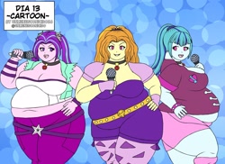 Size: 2200x1603 | Tagged: safe, artist:unmenesconicido, adagio dazzle, aria blaze, sonata dusk, human, equestria girls, g4, adagio wobble, aria blob, bbw, belly, belly button, big belly, breasts, busty adagio dazzle, busty aria blaze, busty dazzlings, busty sonata dusk, cleavage, clothes, fat, female, microphone, no pupils, obese, pants, sonatubby, ssbbw, the dazzlings, trio, trio female