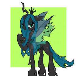 Size: 1280x1280 | Tagged: safe, artist:analisamaria, queen chrysalis, changeling, changeling queen, g4, concave belly, deviantart watermark, ears back, female, hoof on chest, long legs, obtrusive watermark, passepartout, solo, tall, thin, watermark