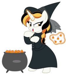 Size: 2936x3084 | Tagged: safe, artist:feather_bloom, oc, oc only, oc:candy corn, pony, unicorn, braid, candy, candy corn, cauldron, clothes, commission, costume, evil smile, food, halloween, halloween costume, hat, holiday, horn, levitation, magic, nightmare night, simple background, smiling, solo, telekinesis, transparent background, witch, witch costume, witch hat