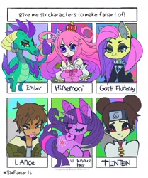 Size: 1280x1529 | Tagged: safe, artist:cutesykill, fluttershy, twilight sparkle, human, pony, unicorn, fake it 'til you make it, g4, my little pony: friendship is magic, :p, alternate eye color, big ears, big eyes, black dress, black eyeshadow, blouse, blue sclera, blue shirt, body markings, bow, brown hair, clothes, colored eyebrows, colored sclera, colored wings, crown, detached sleeves, donut, dress, ear piercing, earring, eyelashes, eyes closed, eyeshadow, facial markings, female, flowing hair, flowing tail, fluttergoth, folded wings, food, forehead protector, frills, frilly dress, frown, gem, goth, gradient hair, green eyes, group, hair accessory, hair bow, hair bun, headband, heterochromia, himemori luna, hololive, horn, horns, jacket, jewelry, lance mcclain, lidded eyes, light skin, long hair, looking away, makeup, male, mare, mouth hold, narrowed eyes, naruto, naruto: shippūden, necklace, no catchlights, piercing, pink dress, pink hair, pink mane, puffy sleeves, purple coat, quadrupedal, quadrupedal ember, raised hooves, red eyes, regalia, requested art, ruffled collar, ruffled shirt, scaled underbelly, scales, sextet, shirt, short hair, shoulderless, simple background, six fanarts, slit pupils, smiling, standing, straight mane, straight tail, t-shirt, tail, tan skin, tenten, thick eyelashes, three quarter view, three toned mane, three toned tail, tied hair, tongue out, two toned wings, unicorn horn, unicorn twilight, voltron, voltron legendary defender, vtuber, wall of tags, white background, wings, yellow coat, yellow sclera