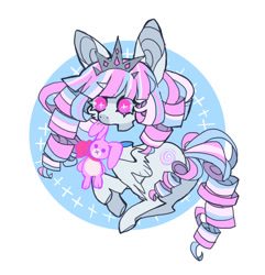 Size: 829x859 | Tagged: safe, artist:cutesykill, oc, oc only, oc:princess marshmallow, alicorn, pony, alicorn oc, alternate eye color, bangs, big ears, big eyes, blue sclera, circle background, coat markings, colored muzzle, colored pinnae, colored sclera, concave belly, dark muzzle, decapitated, eyelashes, facial markings, female, female oc, floating head, folded wings, frown, horn, jewelry, lace, long legs, looking at you, mare, mare oc, mouth hold, no mouth, pigtails, pink eyes, plushie, princess, princess oc, ringlets, simple background, slit pupils, small horn, snip (coat marking), solo, sparkles, standing, thick eyelashes, three quarter view, three toned mane, three toned tail, tiara, turned head, twintails, unicorn horn, unusual pupils, white background, white coat, white pupils, wide eyes, wings