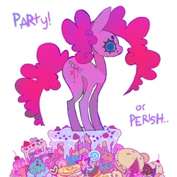 Size: 1058x1058 | Tagged: safe, artist:cutesykill, pinkie pie, earth pony, pony, g4, alternate cutie mark, beanbrows, blue eyes, butter, cake, candy, cherry, cupcake, curly mane, curly tail, eyebrows, female, food, frosting, grimcute, ice cream, ice cream cone, lollipop, long legs, long mane, long tail, looking at you, mare, muffin, no catchlights, pancakes, pastry, pie, pink coat, pink mane, pink tail, profile, purple text, simple background, slasher smile, smiling, smiling at you, solo, standing, staring into your soul, tail, taiyaki, thick eyelashes, thin legs, this will end in cupcakes, unusual pupils, waffle cone, white background, wide eyes