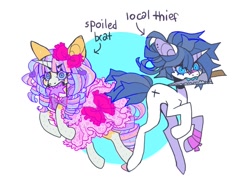 Size: 1000x765 | Tagged: safe, artist:cutesykill, oc, oc only, oc:bubblebite, oc:kalyna, monster pony, pony, unicorn, arrow, bandage, bandaged leg, bandaid, beanbrows, big ears, blaze (coat marking), blue mane, blue sclera, blue tail, blue teeth, bow, bowtie, circle background, clothes, coat markings, colored eyelashes, colored hooves, colored horn, colored sclera, colored teeth, colorful, concave belly, cyan teeth, dress, duo, duo female, ear piercing, earring, eyebrows, eyebrows visible through hair, facial markings, fangs, female, female oc, friends, frilly dress, hair accessory, hair bow, hairclip, holding a knife, hooves, horn, jewelry, leg markings, leonine tail, mane accessory, mare, mare oc, mealy mouth (coat marking), mouth hold, multicolored mane, multicolored tail, narrowed eyes, neck bow, no catchlights, orange coat, piercing, pink dress, purple eyelashes, purple teeth, raised hoof, rearing, rectangular pupil, ringlets, sharp teeth, simple background, slender, socks (coat markings), spiky mane, spiky tail, tail, tail bow, teeth, text, thick eyelashes, thin, threat, three quarter view, two toned eyes, unicorn horn, unicorn oc, unusual pupils, wall of tags, white background