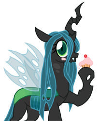 Size: 3024x3722 | Tagged: safe, artist:chaosimp2006, queen chrysalis, changeling, g4, my little pony: friendship is magic, season 9, cupcake, eating, food, food on face, looking at you, simple background, solo, white background