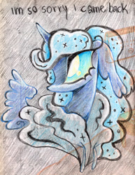 Size: 1883x2436 | Tagged: safe, artist:larvaecandy, princess luna, alicorn, pony, g4, big eyes, blue coat, blue eyes, blue mane, blue sclera, bust, cats millionaire, cloak, clothes, colored pencil drawing, colored sclera, ear fluff, ethereal mane, eyelashes, female, floppy ears, flowing mane, horn, long ears, lyrics, mare, profile, small horn, small wings, solo, sparkles, sparkly mane, spread wings, starry mane, text, traditional art, unicorn horn, wavy mane, wings