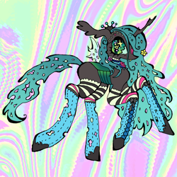 Size: 2048x2048 | Tagged: safe, artist:larvaecandy, queen chrysalis, changeling, changeling queen, g4, abstract background, big eyes, black body, blue sclera, blue socks, changeling wings, choker, clothes, colored, colored sclera, crown, eyelashes, fangs, female, flat colors, floppy ears, gem, gradient eyes, gradient mane, gradient tail, green eyes, high res, hoofless socks, horn, jewelry, lace choker, long ears, long horn, long legs, long mane, long socks, long tail, mare, multicolored background, no mouth, ponymania, profile, raised hooves, raised leg, regalia, slender, small wings, socks, solo, sparkles, sparkly eyes, spread wings, standing, standing on one leg, sticker design, stockings, striped socks, tail, thigh highs, thin, toy interpretation, wingding eyes, wings