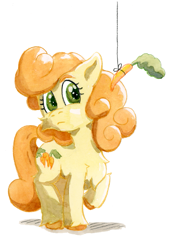 Size: 527x775 | Tagged: safe, artist:lost marbles, carrot top, golden harvest, earth pony, pony, g4, bait, carrot, chest fluff, female, food, mare, raised hoof, simple background, solo, string, traditional art, white background