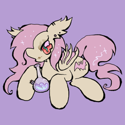 Size: 2048x2048 | Tagged: safe, artist:larvaecandy, fluttershy, bat pony, pony, g4, bat ponified, big eyes, big hooves, bong, claws, colored, colored pupils, colored wings, drugs, ear fluff, ear piercing, earring, eyelashes, eyeshadow, fangs, female, flat colors, flutterbat, flutterhigh, folded wings, gauges, green pupils, high, high res, jewelry, lidded eyes, long mane, long tail, lying down, makeup, mare, marijuana, no mouth, piercing, profile, prone, purple background, race swap, red eyes, simple background, sitting, slit pupils, solo, sparkles, sparkly mane, sparkly tail, sticker design, tail, two toned wings, wing claws, wingding eyes, wings, yellow eyeshadow