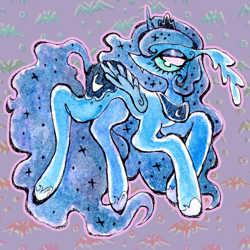 Size: 1280x1280 | Tagged: safe, artist:larvaecandy, princess luna, alicorn, pony, g4, blue coat, blue mane, blue tail, colored sclera, concave belly, crown, curly eyelashes, curved horn, ethereal mane, ethereal tail, eyelashes, eyeshadow, fangs, female, floppy ears, flowing mane, flowing tail, folded wings, green eyes, green sclera, hatching (technique), hoof shoes, horn, jewelry, lanky, lidded eyes, long ears, long legs, long mane, long tail, looking at you, makeup, mare, mixed media, multicolored background, multicolored mane, multicolored tail, no mouth, outline, patterned background, peytral, princess shoes, profile, purple eyeshadow, rainbow background, regalia, skinny, slender, small horn, solo, sparkles, sparkly mane, sparkly tail, starry mane, starry tail, tail, tall, teal eyes, teal sclera, thin, tiara, unicorn horn, wavy mane, wavy tail, wings