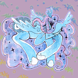 Size: 1280x1280 | Tagged: safe, artist:larvaecandy, princess luna, alicorn, pony, g4, blue eyes, blue mane, blue sclera, blue tail, colored eyelashes, crown, ethereal mane, ethereal tail, eyes closed, female, floppy ears, flowing mane, flowing tail, folded wings, hoof shoes, horn, jewelry, long ears, long mane, long tail, lying down, mare, mixed media, multicolored background, multicolored mane, multicolored tail, no mouth, outline, patterned background, princess shoes, prone, purple mane, purple tail, rainbow background, regalia, shiny eyelashes, sleeping, solo, sparkles, sparkly mane, sparkly tail, starry mane, starry tail, sticker design, tail, teal eyelashes, thick eyelashes, tiara, unicorn horn, wavy mane, wavy tail, wings