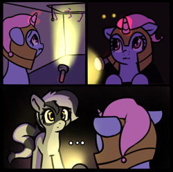 Size: 850x843 | Tagged: safe, artist:neuro, oc, oc:bandy cyoot, hybrid, pony, raccoon, raccoon pony, unicorn, ..., attic, comic, duo, duo female, female, flashlight (object), floppy ears, guardsmare, hat, helmet, horn, indoors, jojo's bizarre adventure, mare, menacing, nightcap, no dialogue, royal guard, ゴ ゴ ゴ