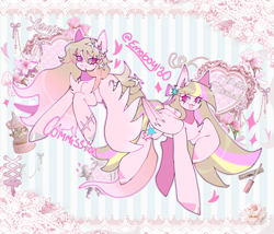 Size: 2048x1750 | Tagged: safe, artist:emoboy130, oc, oc only, oc:petal twinkle, pegasus, pony, abstract background, alternate hairstyle, bangs, big hooves, blonde mane, blonde tail, bow, chest fluff, collage, colored hooves, colored pinnae, colored wings, commission, cupcake, duo, duo female, ear fluff, eye clipping through hair, eyebrows, eyebrows visible through hair, eyelashes, female, female oc, flower, flower in hair, flower in tail, flowing mane, flowing tail, flying, folded wings, food, gradient ears, gradient mane, gradient tail, gradient wings, gray hooves, hair bow, hooves, long mane, looking at each other, looking at someone, mare, mare oc, open mouth, open smile, pegasus oc, pink coat, pink eyes, pink hooves, raised hoof, raised leg, ribbon, self paradox, self ponidox, shiny hooves, shiny mane, shiny tail, signature, silver hooves, smiling, smiling at each other, sparkles, straight mane, striped background, tail, three quarter view, three toned mane, three toned tail, wings, wings down