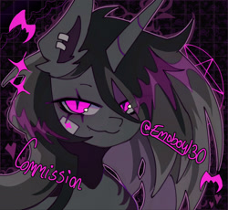 Size: 2048x1884 | Tagged: safe, artist:emoboy130, oc, oc:lucia, pony, unicorn, :3, abstract background, bandage, bust, chest fluff, colored pinnae, commission, ear fluff, female, gray coat, gray mane, grid background, horn, icon, lidded eyes, long horn, long mane, looking at you, mare, outline, pink eyes, pink text, profile picture, shiny mane, signature, slit pupils, smiling, smiling at you, solo, sparkles, three quarter view, three toned mane, unicorn horn, unicorn oc