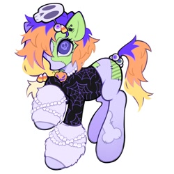 Size: 1200x1199 | Tagged: safe, artist:toycasino, part of a set, oc, oc only, earth pony, pony, undead, zombie, zombie pony, adoptable, adoptable open, big eyes, blank flank, clothes, colored pupils, ear piercing, earring, earth pony oc, eyeball, eyelashes, fluffy leg warmers, for sale, gradient legs, hair accessory, hairclip, halloween, holiday, jewelry, lavender coat, leg warmers, mane accessory, multicolored mane, multicolored tail, necklace, piercing, ponytail, profile, purple coat, purple pupils, raised hoof, shaggy mane, simple background, skull mask, skull pupils, solo, standing on three hooves, stitched body, stitched face, stitched legs, stitches, tail, tail tie, teeth, tied mane, tied tail, unusual pupils, white background