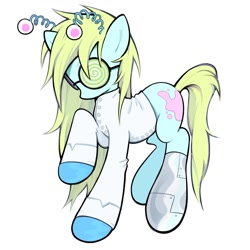 Size: 1200x1200 | Tagged: safe, artist:toycasino, part of a set, oc, oc only, earth pony, pony, adoptable, adoptable open, amputee, antennae, blue coat, clothes, earth pony oc, for sale, glasses, gloves, green mane, green tail, headband, lab coat, latex, latex gloves, light blue coat, long mane, long tail, mad scientist, no mouth, profile, prosthetic leg, prosthetic limb, prosthetics, raised hoof, round glasses, simple background, solo, standing on three hooves, swirly glasses, tail, white background