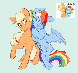 Size: 4096x3823 | Tagged: safe, artist:chub-wub, applejack, rainbow dash, earth pony, pegasus, pony, g4, belly, bipedal, blonde mane, blonde tail, blue background, blue coat, chest fluff, duo, duo female, eyebrows, eyebrows visible through hair, eyelashes, feathered wings, female, freckles, green eyes, hair tie, hatless, hoof fluff, leaning, leaning on someone, lesbian, looking at each other, looking at someone, mare, missing accessory, multicolored hair, multicolored mane, no pupils, one wing out, pink eyes, ponytail, rainbow hair, rainbow tail, raised eyebrow, raised hoof, redraw, reference used, requested art, ship:appledash, shipping, simple background, smiling, smiling at each other, standing on three hooves, tail, tail tie, tied mane, tied tail, tongue out, wings