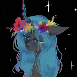 Size: 720x720 | Tagged: safe, artist:saturn cat, queen chrysalis, changeling, g4, 2019, black background, blue mane, bust, chromatic aberration, crying, digital art, floral head wreath, flower, gray coat, portrait, sad, simple background, solo