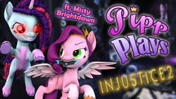 Size: 1920x1080 | Tagged: safe, artist:pika-robo, misty brightdawn, pipp petals, pegasus, pony, unicorn, series:pipp plays, g4, g5, 3d, :3, batarang, duo, fake thumbnail, female, g5 to g4, gamer pipp, generation leap, grin, horn, injustice 2, let's play, mare, rebirth misty, red eyes, red eyes take warning, smiling, source filmmaker, spread wings, wings, youtube thumbnail