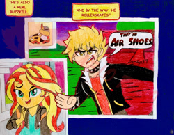 Size: 1837x1429 | Tagged: safe, artist:diablo rojo, sunset shimmer, oc, oc:hellfire red, human, equestria girls, g4, breaking the fourth wall, fourth wall, looking at you, reference to another series, shadow the hedgehog, sonic prime, sonic the hedgehog (series), talking to viewer, traditional art