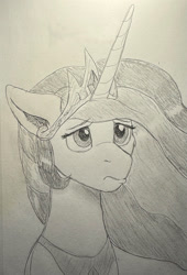 Size: 868x1280 | Tagged: safe, artist:shirotanuki, princess celestia, alicorn, g4, pouting, puppy dog eyes, solo, traditional art