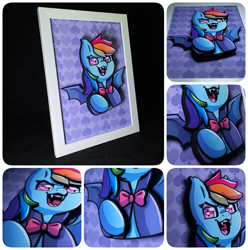 Size: 1188x1200 | Tagged: safe, artist:made_by_franch, rainbow dash, bat pony, pegasus, pony, g4, bat ponified, bowtie, clothes, cosplay, costume, cute, dashabetes, diorama, fangs, female, halloween, halloween costume, handmade, holiday, nightmare night, nightmare night costume, photo, portrait dioarama, race swap, rainbowbat, solo, vampire costume