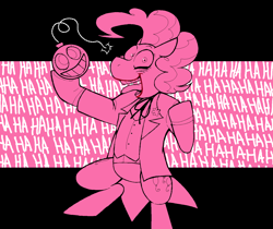 Size: 1460x1226 | Tagged: safe, artist:dsstoner, pinkie pie, earth pony, pony, g4, bomb, clothes, costume, crazy face, dc comics, faic, female, laughing, lipstick, makeup, mare, pinktober, pinktober 2024, the joker, tongue out, weapon