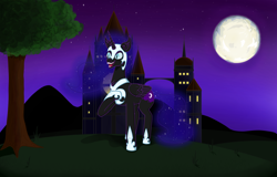 Size: 3900x2500 | Tagged: safe, artist:nismorose, nightmare moon, alicorn, pony, mlp fim's fourteenth anniversary, g4, armor, building, castle, cheek fluff, chest fluff, ear fluff, ethereal mane, ethereal tail, horn, long horn, moon, night, night sky, outdoors, sharp teeth, sky, slit pupils, solo, starry mane, starry night, starry tail, tail, teeth, tree, window, wings