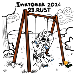 Size: 1000x1000 | Tagged: safe, artist:sunamoonmlp, derpibooru exclusive, oc, oc only, oc:sunamoon, alicorn, pony, g4, cute, female, horn, inktober, inktober 2024, nature, rust, solo, swing, tree, wings