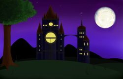 Size: 3900x2500 | Tagged: safe, artist:nismorose, bridge, castle, grass, grass field, moon, night, no pony, outdoors, starry night, stars, tree, window