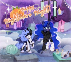 Size: 1280x1111 | Tagged: safe, artist:seurnik, princess luna, oc, oc:seurnik, alicorn, pony, unicorn, mlp fim's fourteenth anniversary, g4, luna eclipsed, my little pony: friendship is magic, clothes, costume, digital art, female, halloween, halloween 2024, halloween costume, holiday, horn, mare, nightmare night, outdoors