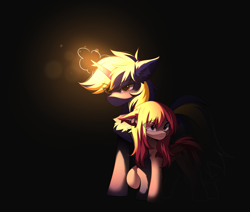 Size: 3545x3000 | Tagged: safe, artist:airiniblock, oc, oc only, oc:airi, oc:vajr, bat pony, unicorn, bat pony oc, black background, cheek fluff, chest fluff, dark background, ear fluff, fear, female, horn, looking back, magic, male, oc x oc, scared, shipping, simple background, straight, unicorn oc, vairi