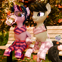 Size: 2048x2048 | Tagged: safe, artist:tavitush, octavia melody, twilight sparkle, alicorn, earth pony, pony, g4, 3d, autumn, beauty mark, bench, blender, clothes, coffee, drink, drinking, duo, duo female, female, glasses, leaves, magic, outdoors, park, park bench, scarf, signature, sitting, socks, striped scarf, striped socks, sunset, telekinesis, tree, twilight sparkle (alicorn)