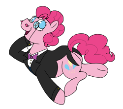 Size: 1083x964 | Tagged: safe, artist:dsstoner, pinkie pie, earth pony, pony, g4, clothes, costume, facial hair, female, mare, monocle, moustache, pinktober, simple background, solo, suit, white background