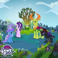 Size: 1080x1080 | Tagged: safe, gameloft, pharynx, starlight glimmer, thorax, trixie, changedling, changeling, pony, unicorn, g4, changeling kingdom, female, horn, king thorax, mare, moss, mushroom, outdoors