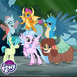 Size: 1080x1080 | Tagged: safe, gameloft, gallus, ocellus, sandbar, silverstream, smolder, yona, changedling, changeling, dragon, earth pony, griffon, yak, g4, bow, cloven hooves, dragoness, female, flying, hair bow, looking at you, male, monkey swings, my little pony logo, outdoors, student six