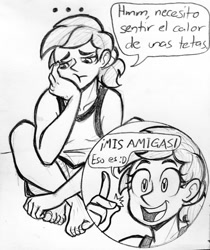 Size: 859x1024 | Tagged: safe, artist:pablosjuarez, rainbow dash, human, g4, ..., :t, dialogue, female, grayscale, humanized, lidded eyes, monochrome, open mouth, open smile, pencil drawing, sitting, smiling, solo, spanish, speech bubble, traditional art