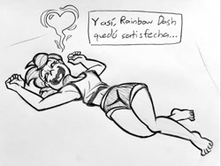 Size: 1024x769 | Tagged: safe, artist:pablosjuarez, rainbow dash, human, g4, barefoot, breasts, eyes closed, feet, female, grayscale, heart, humanized, lying down, monochrome, on back, open mouth, open smile, pencil drawing, smiling, solo, spanish, text box, traditional art, wide hips