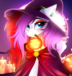 Size: 4087x4307 | Tagged: safe, artist:2pandita, oc, oc only, pony, candle, hat, moon, mouth hold, night, outdoors, pumpkin bucket, solo, witch hat