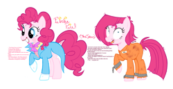 Size: 2417x1242 | Tagged: safe, alternate version, artist:dsstoner, pinkie pie, earth pony, pony, g4, base used, blood, bloodshot eyes, bowtie, chains, clothes, clown makeup, dc comics, flower, lipstick, makeup, manic grin, messy mane, pinkamena diane pie, pinkie joker, prison outfit, reference sheet, smiling, suit, tailcoat, the joker